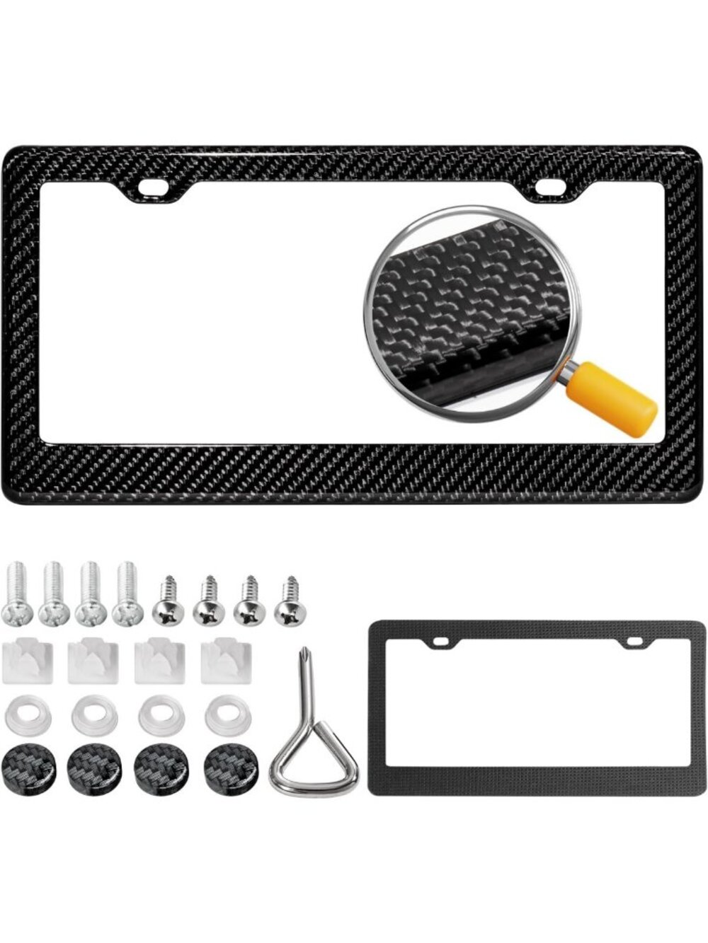 100% Pure Carbon Fiber License Plate Frame - Black Holder with Anti-Vibration